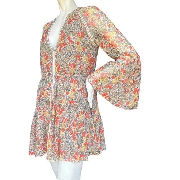 Alexis Floral Flowy Mini Babydoll Dress with Bell Sleeves and Tassels Size XS - Picture 5 of 14